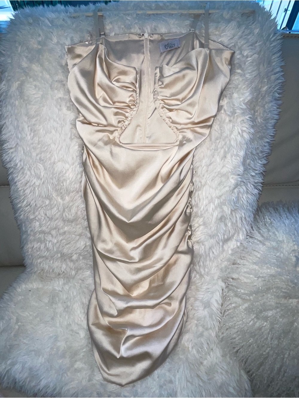 Oh Polly Champagne Satin Ruched Midi Dress with Adjustable Straps